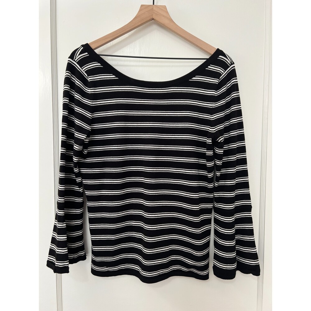 White House Black Market Women's Black White Stripe Bell Sleeve Sweater Size L